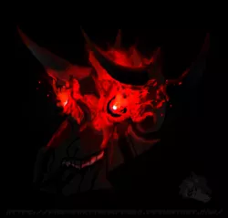 Size: 724x692 | Tagged: safe, artist:firehearttheinferno, derpibooru import, fallout equestria, from the shadows, abomination, aura, burning, concept art, concept for a fanfic, dark, digital art, fallout equestria: equestria the beautiful, fire, glow, glowing eyes, goathead fellbeast, grim, horns, image, monster, png, red eyes, scary, scary face, skull, spooky, tar, teeth