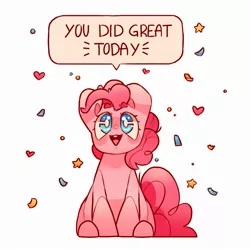 Size: 2000x2000 | Tagged: safe, artist:cocopudu, derpibooru import, pinkie pie, earth pony, pony, confetti, cute, dialogue, diapinkes, female, heart, image, jpeg, looking at you, mare, simple background, sitting, solo, talking to viewer, white background