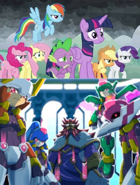 Size: 976x1292 | Tagged: safe, derpibooru import, edit, edited screencap, screencap, applejack, fluttershy, pinkie pie, rainbow dash, rarity, spike, twilight sparkle, aeolus, atlas, comparison, image, jpeg, mane seven, mane six, master thomas, megaman, megaman zx, sianark, thetis