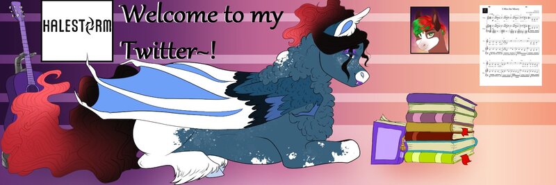 Size: 1500x500 | Tagged: safe, artist:inisealga, derpibooru import, oc, oc:mocha frost, oc:monsoon nixie, unofficial characters only, bat pony, pony, abstract background, bat pony oc, bat wings, book, clothes, coat markings, facial markings, fangs, female, folded wings, glasses, gradient background, image, jpeg, lipstick, mare, markings, meta, neck fluff, scarf, sheet music, socks (coat marking), twitter, unshorn fetlocks, wings