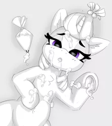 Size: 2265x2567 | Tagged: suggestive, artist:pabbley, derpibooru import, moondancer, pony, unicorn, bedroom eyes, female, food, frog (hoof), frosting, grayscale, icing bag, image, implied cum, jpeg, looking at you, lying down, mare, monochrome, neo noir, not cum, on back, overhead view, partial color, solo, solo female, underhoof