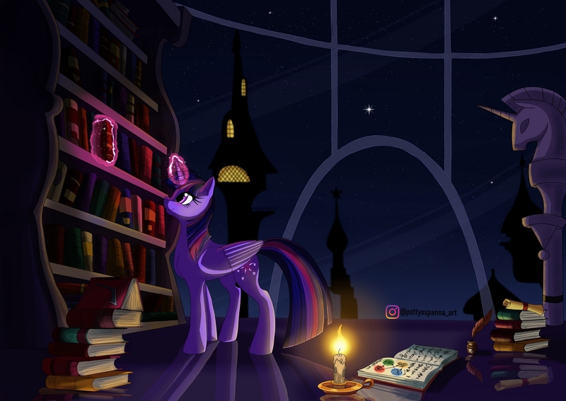 Size: 2000x1417 | Tagged: safe, artist:amy2sa-fan, artist:pottyospanna, derpibooru import, twilight sparkle, twilight sparkle (alicorn), alicorn, pony, book, bookshelf, candle, candlelight, canterlot, canterlot library, female, glow, glowing horn, horn, image, jpeg, library, magic, mare, night, solo, stars, twilight's canterlot home