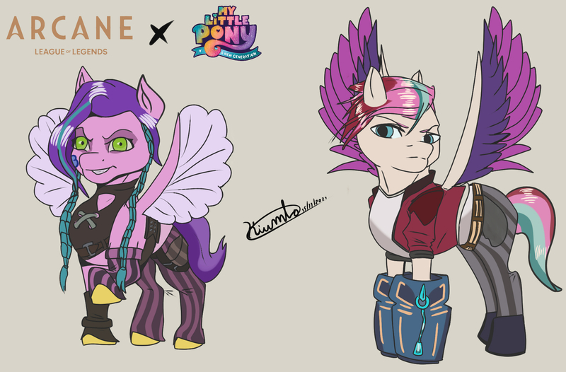 Size: 2000x1315 | Tagged: safe, derpibooru import, jinx, pipp petals, powder, royal ribbon, zipp storm, pegasus, arcane, clothes, cosplay, costume, crossdressing, crossover, fanart, female, g5, image, jpeg, league of legends, lol, my little pony:a new generation, siblings, sisters, spread wings, vi, wings