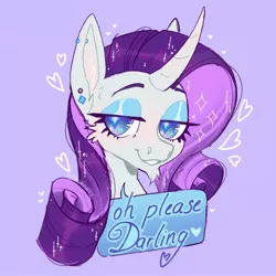 Size: 2048x2048 | Tagged: safe, artist:possumpupper, derpibooru import, rarity, pony, unicorn, bust, cheek fluff, curved horn, darling, ear piercing, facial hair, goatee, heart, horn, image, jpeg, lidded eyes, piercing, simple background, solo, speech bubble, starry eyes, wingding eyes