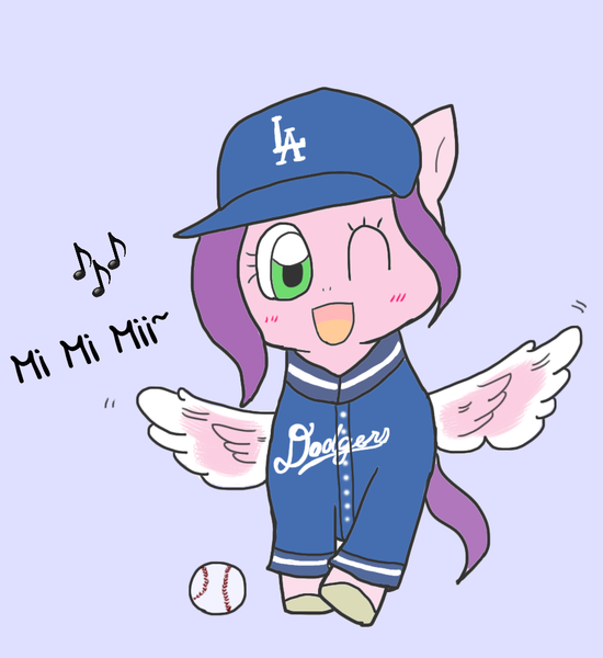 Size: 916x1000 | Tagged: safe, artist:foxy1219, derpibooru import, pipp petals, pegasus, pony, my little pony: a new generation, baseball, baseball cap, cap, clothes, female, g5, hat, image, looking at you, los angeles dodgers, mare, mi mi miii, mlb, music notes, one eye closed, open mouth, open smile, png, smiling, sofia carson, sports, spread wings, spreading, uniform, wing spreading, wings, wink