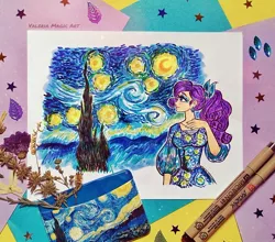 Size: 1080x949 | Tagged: safe, artist:valeriamagicart, derpibooru import, rarity, human, clothes, dress, female, humanized, image, jpeg, solo, starry night, the starry night, traditional art, vincent van gogh
