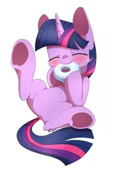 Size: 1224x1853 | Tagged: safe, artist:sion, edit, editor:anonymous, twilight sparkle, pony, unicorn, blushing, cute, donut, eating, eyes closed, featureless crotch, female, food, happy, image, imminent belly rub, legs in air, mare, nom, on back, pixiv, png, simple background, solo, twiabetes, underhoof, unicorn twilight, weapons-grade cute, white background, wingless, wingless edit