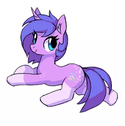 Size: 482x486 | Tagged: safe, anonymous artist, derpibooru import, oc, oc:startrail, pony, unicorn, coat markings, cute, dappled, flockmod, freckles, image, looking back, lying down, png, prone, simple background, smiling, socks (coat marking), solo, spots, white background