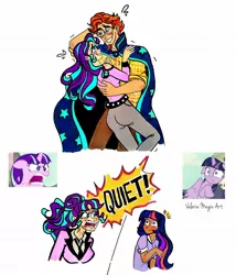 Size: 1080x1264 | Tagged: safe, artist:valeriamagicart, derpibooru import, starlight glimmer, sunburst, twilight sparkle, twilight sparkle (alicorn), alicorn, human, the cutie map, angry, arm behind head, belt, blushing, cloak, clothes, emanata, female, glasses, humanized, image, jpeg, male, necktie, nervous, pants, quiet, screencap reference, shipping, shirt, shoulderless, starburst, straight, sunburst's cloak, sunburst's glasses, traditional art, yelling