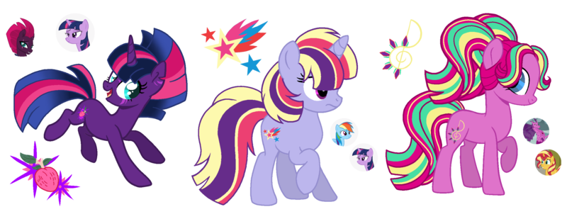 Size: 2543x961 | Tagged: safe, artist:madlilon2051, derpibooru import, aria blaze, rainbow dash, sunset shimmer, tempest shadow, twilight sparkle, oc, pony, unicorn, base used, eyelashes, female, horn, image, magical lesbian spawn, mare, offspring, parent:aria blaze, parent:rainbow dash, parent:sunset shimmer, parent:tempest shadow, parent:twilight sparkle, parents:tempestlight, parents:twidash, png, raised hoof, simple background, transparent background, unicorn oc