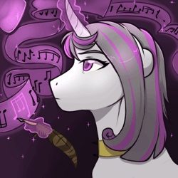 Size: 500x500 | Tagged: safe, artist:royvdhel-art, derpibooru import, oc, unofficial characters only, pony, unicorn, animated, blinking, choker, commission, female, gif, glow, glowing horn, horn, image, magic, mare, music notes, quill, solo, telekinesis, unicorn oc, ych result