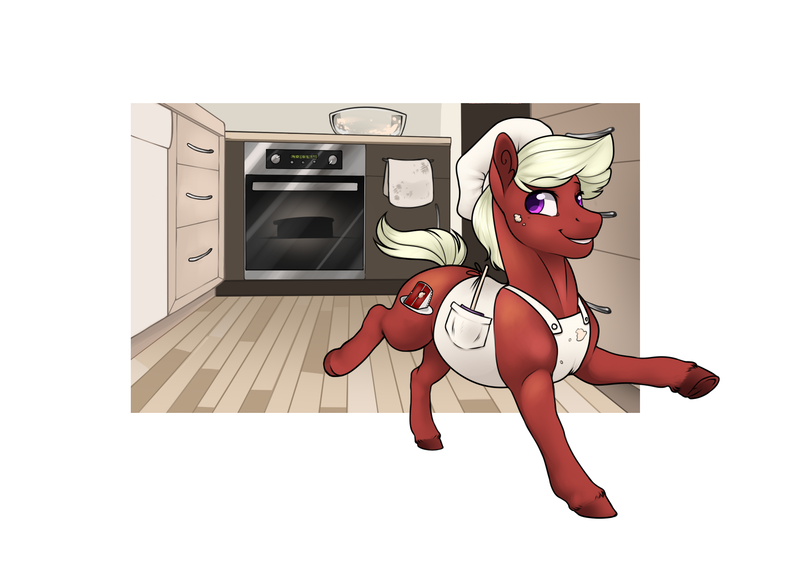 Size: 2000x1426 | Tagged: safe, artist:royvdhel-art, derpibooru import, oc, oc:red velvet, unofficial characters only, earth pony, clothes, colored hooves, earth pony oc, image, kitchen, png, simple background, smiling, solo, white background