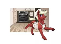 Size: 2000x1426 | Tagged: safe, artist:royvdhel-art, derpibooru import, oc, oc:red velvet, unofficial characters only, earth pony, clothes, colored hooves, earth pony oc, image, kitchen, png, simple background, smiling, solo, white background