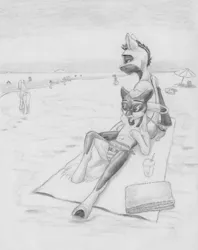 Size: 3267x4129 | Tagged: safe, artist:joestick, derpibooru import, oc, oc:arcalia, oc:kass, unofficial characters only, earth pony, pony, beach, brother and sister, clothes, coat markings, female, grayscale, image, jpeg, lying down, male, mare, monochrome, pencil drawing, pinto, siblings, socks (coat marking), stallion, sunglasses, swimsuit, traditional art, umbrella