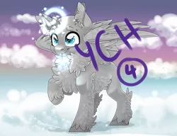 Size: 2793x2148 | Tagged: safe, artist:schokocream, derpibooru import, oc, unofficial characters only, alicorn, pony, alicorn oc, chest fluff, cloud, commission, ear fluff, glow, glowing horn, horn, image, on a cloud, png, raised hoof, smiling, solo, unshorn fetlocks, wings, your character here