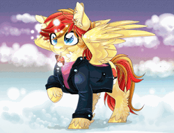 Size: 1133x872 | Tagged: safe, artist:schokocream, derpibooru import, oc, unofficial characters only, alicorn, pegasus, pony, unicorn, alicorn oc, animated, chest fluff, clothes, cloud, commission, ear fluff, gif, glow, glowing horn, horn, image, jacket, on a cloud, pegasus oc, smiling, unicorn oc, wings, ych result