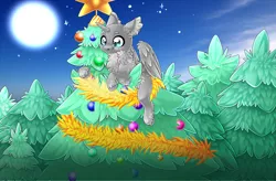 Size: 3685x2423 | Tagged: safe, artist:schokocream, derpibooru import, oc, unofficial characters only, alicorn, pony, alicorn oc, chest fluff, christmas, christmas tree, commission, ear fluff, full moon, holiday, horn, image, moon, outdoors, png, solo, stars, tree, wings, your character here