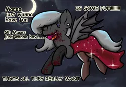 Size: 1476x1024 | Tagged: semi-grimdark, artist:tranzmuteproductions, derpibooru import, oc, oc:tranzmute, unofficial characters only, bat pony, pony, bat pony oc, bat wings, blood, clothes, crescent moon, dress, ear piercing, eyes closed, female, image, mare, moon, night, piercing, png, rule 63, singing, solo, stars, wings