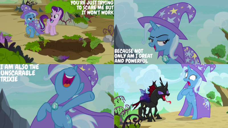 Size: 4400x2475 | Tagged: safe, derpibooru import, edit, edited screencap, editor:quoterific, screencap, starlight glimmer, trixie, changeling, pony, unicorn, season 7, to change a changeling, bipedal, cape, clothes, female, hat, image, male, mare, nose in the air, open mouth, open smile, png, smiling, tongue out, trixie's cape, trixie's hat, uvula, volumetric mouth