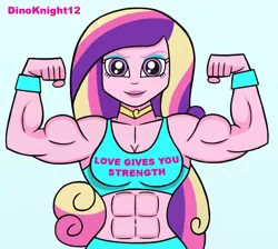 Size: 900x807 | Tagged: safe, artist:dinoknight12, derpibooru import, princess cadance, equestria girls, abs, clothes, dean ca-dense, dean cadance, female, flexing, image, jpeg, muscles, muscular female, princess ca-dense, simple background, solo, sports bra