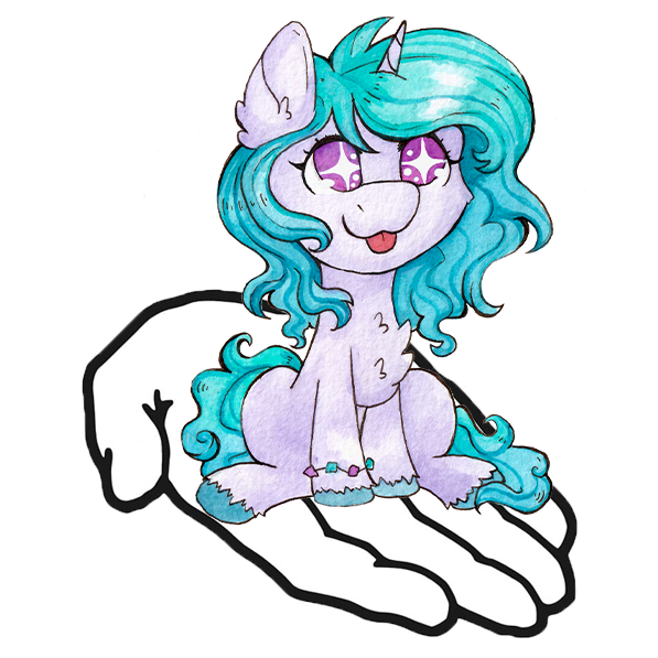 Size: 597x597 | Tagged: safe, artist:lightisanasshole, derpibooru import, izzy moonbow, pony, unicorn, :p, cheek fluff, chest fluff, chibi, colored hooves, cute, ear fluff, female, g5, hand, hooves, image, izzybetes, leg fluff, png, simple background, solo, solo female, take this, tongue out, too cute, traditional art, watercolor painting