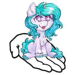 Size: 597x597 | Tagged: safe, artist:lightisanasshole, derpibooru import, izzy moonbow, pony, unicorn, :p, cheek fluff, chest fluff, chibi, colored hooves, cute, ear fluff, female, g5, hand, hooves, image, izzybetes, leg fluff, png, simple background, solo, solo female, take this, tongue out, too cute, traditional art, watercolor painting