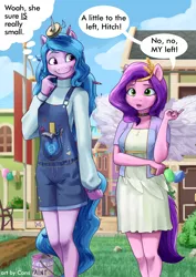 Size: 2480x3508 | Tagged: safe, artist:pwnagespartan, derpibooru import, izzy moonbow, pipp, pipp petals, anthro, pegasus, unicorn, my little pony: a new generation, balloon, clothes, cloud, dialogue, dress, duo, duo female, female, g5, horn, horn impalement, image, implied hitch trailblazer, izzy impaling things, larger female, overalls, paint, pipp is short, png, size difference, skirt, smaller female, thought bubble, tools