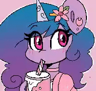 Size: 190x180 | Tagged: safe, artist:sakukitty, derpibooru import, izzy moonbow, pony, unicorn, my little pony: a new generation, animated, blinking, cherry blossoms, cup, female, flower, flower blossom, flower in hair, g5, gif, heart, image, perfect loop, simple background, solo, straw, straw in mouth