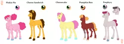 Size: 6000x2142 | Tagged: safe, derpibooru import, cheese sandwich, pinkie pie, earth pony, pony, amputee, curly mane, dyed mane, female, freckles, glasses, image, male, mare, offspring, parent:cheese sandwich, parent:pinkie pie, parents:cheesepie, png, prosthesis, prosthetic leg, prosthetic limb, prosthetics, simple background, stallion