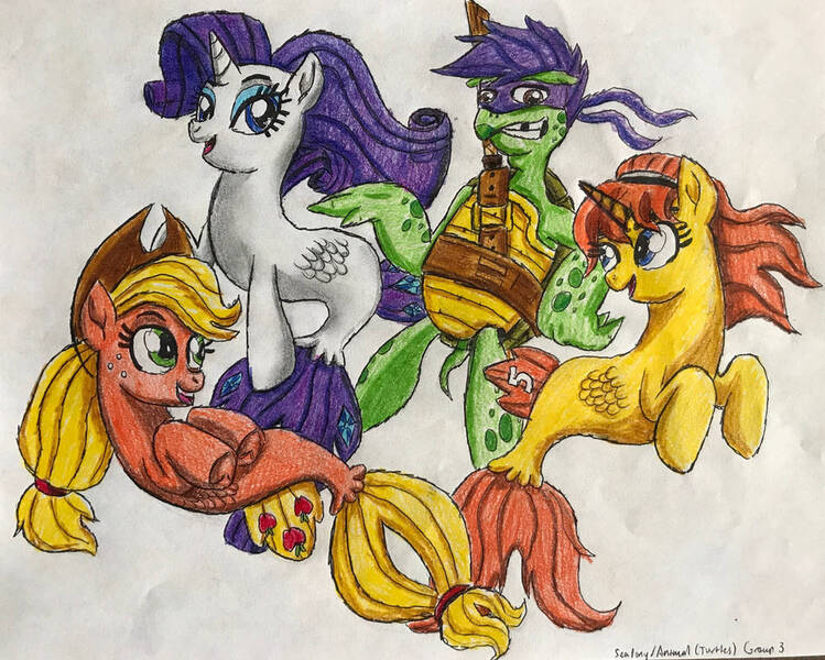 Size: 998x800 | Tagged: safe, artist:bozzerkazooers, derpibooru import, applejack, rarity, oc, earth pony, pony, seapony (g4), turtle, unicorn, applejack's hat, colored pupils, cowboy hat, dorsal fin, female, fish tail, flowing mane, green eyes, hat, horn, image, jpeg, looking at each other, open mouth, seaponified, seapony applejack, seapony rarity, simple background, smiling, species swap, tail, teeth, white background