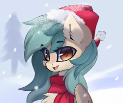 Size: 2689x2257 | Tagged: safe, artist:jfrxd, derpibooru import, oc, oc:peacher, unofficial characters only, chest fluff, christmas, christmas theme, ear fluff, hat, holiday, image, looking at you, orange eyes, png, red scarf, santa hat, smiling, smiling at you, wings