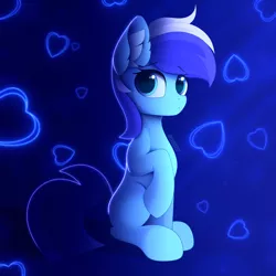 Size: 3000x3000 | Tagged: safe, artist:alexbefest, derpibooru import, minuette, earth pony, pony, unicorn, blue, cute, eyebrows, eyebrows visible through hair, eyes open, image, neon, png, sitting, solo, uwu, without horn