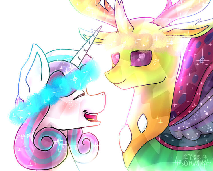 Size: 1024x826 | Tagged: safe, artist:a-vomikaa, derpibooru import, princess flurry heart, thorax, alicorn, changedling, changeling, pony, blushing, female, glitter, horn, horns, image, jpeg, king thorax, looking at each other, magic, male, open mouth, open smile, purple mane, signature, simple background, smiling, sparkles, spread wings, teeth, white background, wings