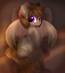 Size: 2480x2775 | Tagged: safe, artist:janelearts, derpibooru import, oc, oc:talu gana, unofficial characters only, pegasus, pony, bed, commission, commissioner:biohazard, cowboy hat, ear fluff, eyebrows, eyebrows visible through hair, hat, high res, image, jpeg, lying down, male, on back, on bed, pegasus oc, pillow, purple eyes, solo, spread wings, stallion, stetson, wings, ych result