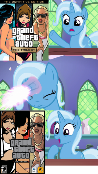 Size: 640x1135 | Tagged: safe, derpibooru import, edit, edited screencap, screencap, trixie, pony, unicorn, all bottled up, exploitable meme, female, grand theft auto, grand theft auto: the trilogy – the definitive edition, grand theft auto: trilogy, gta iii, gta san andreas, gta vice city, image, magic, mare, meme, png, solo, trixie fixing meme