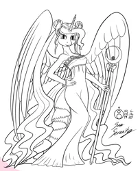 Size: 977x1200 | Tagged: safe, artist:sepiakeys, derpibooru import, princess celestia, alicorn, anthro, alternate hairstyle, clothes, crossover, dress, female, image, monochrome, moon, png, queen serenity, sailor moon, solo, staff, wings