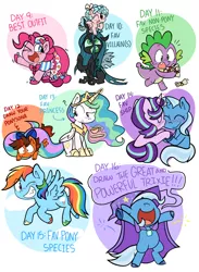 Size: 1280x1748 | Tagged: safe, artist:pinkiespresent, derpibooru import, cozy glow, pinkie pie, princess celestia, queen chrysalis, rainbow dash, spike, starlight glimmer, trixie, alicorn, changeling, changeling queen, pegasus, pony, unicorn, clothes, cute, dress, female, food, image, lesbian, png, shipping, startrix, tea