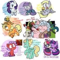 Size: 2048x2045 | Tagged: safe, artist:pinkiespresent, derpibooru import, applejack, cozy glow, derpy hooves, lord tirek, maud pie, queen chrysalis, rarity, twilight sparkle, twilight sparkle (alicorn), zephyr breeze, alicorn, changeling, changeling queen, earth pony, pegasus, pony, unicorn, amending fences, frenemies (episode), the super speedy cider squeezy 6000, better way to be bad, bob, bootleg, cider, crying, doll, eyes closed, female, flower, flower in mouth, food, image, mouth hold, muffin, open mouth, open smile, png, rose, rose in mouth, smiling, tears of joy, text, toy