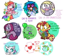 Size: 2048x1775 | Tagged: safe, artist:pinkiespresent, derpibooru import, derpy hooves, gummy, nurse redheart, pinkie pie, princess flurry heart, rainbow dash, sunset shimmer, vinyl scratch, whoa nelly, changedling, changeling, crocodile, earth pony, human, pegasus, pony, unicorn, party of one, balloon, blackwashing, book, changedlingified, changelingified, clothes, crying, cute, earbuds, fingerless gloves, flurrybetes, fusion, gloves, headphones, image, magic, open mouth, open smile, pinkamena diane pie, png, shirt, smiling, species swap, sunglasses, t-shirt, tears of anger, teary eyes, telekinesis, text