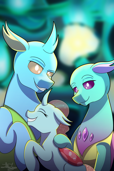 Size: 1600x2400 | Tagged: safe, artist:littletigressda, derpibooru import, ocellus, changedling, changeling, family, female, floppy ears, happy, hug, image, male, no pupils, parent and child, png, smiling