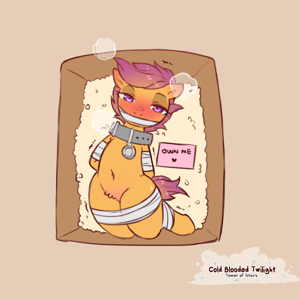 Size: 1200x1200 | Tagged: questionable, artist:cold-blooded-twilight, derpibooru import, scootaloo, pegasus, bedroom eyes, belly button, blushing, blushing profusely, bondage, box, collar, eyeshadow, female, foalcon, gag, image, looking at you, makeup, name tag, panting, png, pubic fluff, simple background, slave, solo, solo female, styrofoam, tied up, underage, wide hips, writing