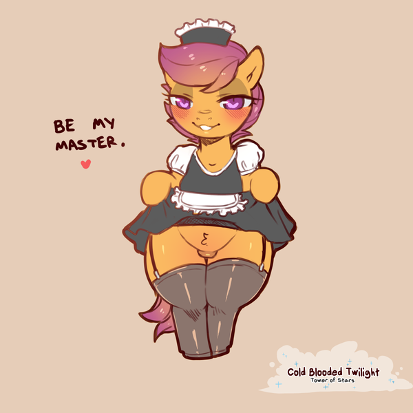 Size: 1200x1200 | Tagged: questionable, artist:cold-blooded-twilight, derpibooru import, scootaloo, bedroom eyes, blushing, clothes, dialogue, eyeshadow, female, foalcon, garter belt, heart, image, maid, maid headdress, makeup, png, pubic fluff, skirt, skirt lift, smiling, socks, solo, solo female, stockings, thigh highs, underage, wide hips