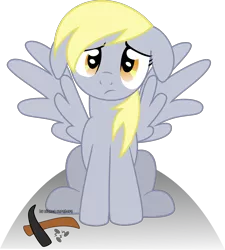 Size: 1409x1566 | Tagged: safe, artist:oobrushstrokeoo, derpibooru import, derpy hooves, pegasus, pony, female, floppy ears, image, mare, pickaxe, png, sad, simple background, solo, transparent background