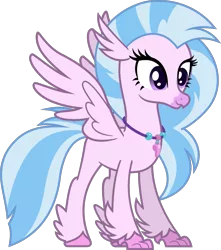 Size: 1397x1580 | Tagged: safe, artist:lightningbolt, derpibooru import, silverstream, classical hippogriff, hippogriff, beak, colored pupils, derpibooru exclusive, female, fluffy, happy, image, jewelry, necklace, png, simple background, smiling, solo, spread wings, standing, .svg available, talons, transparent background, vector, wings