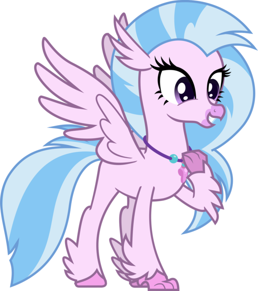 Size: 1397x1580 | Tagged: safe, artist:lightningbolt, derpibooru import, silverstream, classical hippogriff, hippogriff, beak, colored pupils, derpibooru exclusive, female, fluffy, grin, happy, image, jewelry, necklace, png, raised arm, simple background, smiling, solo, spread wings, standing, .svg available, talons, transparent background, vector, wings