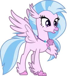 Size: 1397x1580 | Tagged: safe, artist:lightningbolt, derpibooru import, silverstream, classical hippogriff, hippogriff, beak, colored pupils, derpibooru exclusive, female, fluffy, grin, happy, image, jewelry, necklace, png, raised arm, simple background, smiling, solo, spread wings, standing, .svg available, talons, transparent background, vector, wings