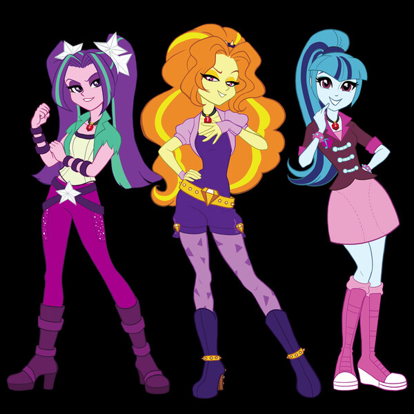 Size: 1000x1000 | Tagged: safe, artist:audrey powers, official, adagio dazzle, aria blaze, sonata dusk, equestria girls, rainbow rocks, belt, black background, boots, clothes, gem, image, jacket, jpeg, official art, pants, pigtails, ponytail, shoes, simple background, siren gem, skirt, the dazzlings, welovefine