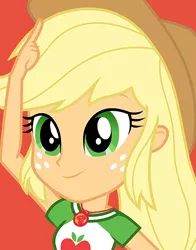 Size: 434x554 | Tagged: safe, derpibooru import, applejack, human, equestria girls, equestria girls series, cowboy hat, female, geode of super strength, green eyes, hat, image, magical geodes, new outfit, png, red background, simple background, updated, updated design
