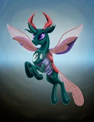 Size: 1024x1326 | Tagged: safe, artist:amalgamzaku, derpibooru import, pharynx, changedling, changeling, blue background, butterfly wings, clothes, deviantart watermark, flying, glitter, horn, horns, image, jpeg, male, obtrusive watermark, prince pharynx, purple eyes, red wings, see-through, simple background, sky, solo, spread wings, watermark, wings