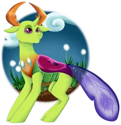 Size: 1024x1059 | Tagged: safe, artist:crecious, derpibooru import, thorax, changedling, changeling, clothes, cloud, glitter, grass, horns, image, king thorax, male, png, purple eyes, see-through, signature, simple background, sky, solo, transparent background